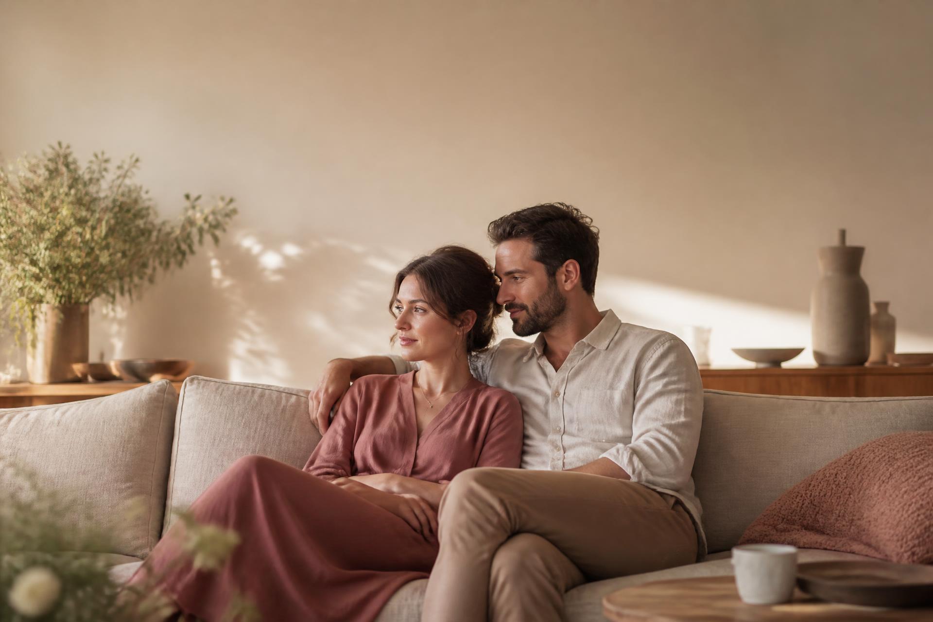 A married couple sitting close together in a sunlit room